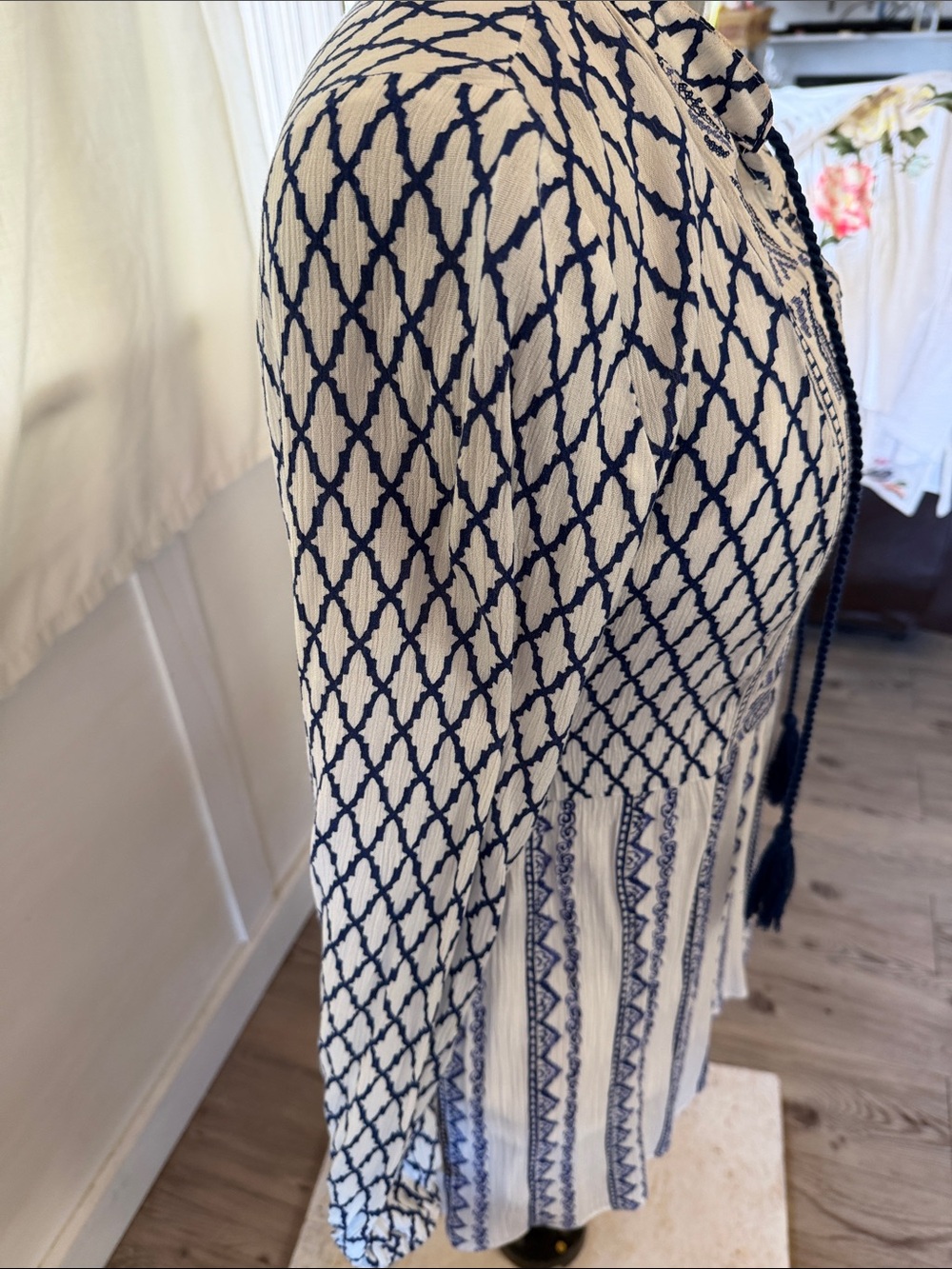 Embroidered Peasant Tunic Top - White & Navy - Picture 2 of 3